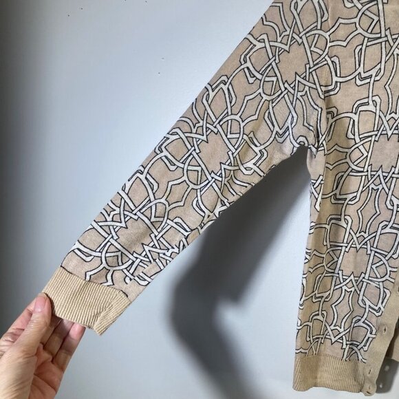 Womens The Limited Linen Blend Cropped Cardigan 3/4 Sleeve S Tan White Black Pat - Picture 6 of 9